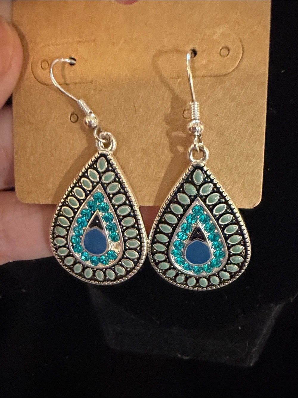 Silver Teardrop Earrings with Teal and Blue Stones - Women Jewelry
